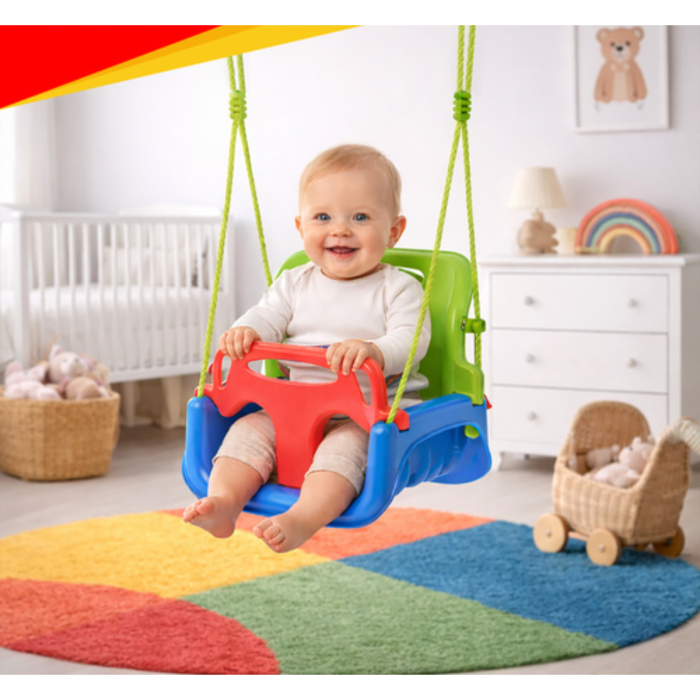 Leagan copii 3 in 1 VarioShop®, cu bara protectie si spatar detasabile, franghii reglabile 120-150 cm, antiderapant, pentru interior si gradina, albastru/verde [11]