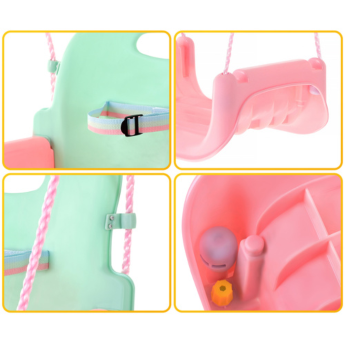 Leagan copii 3 in 1 VarioShop®, cu bara protectie si spatar detasabile, franghii reglabile 120-150 cm, antiderapant, pentru interior si gradina, roz/verde [6]