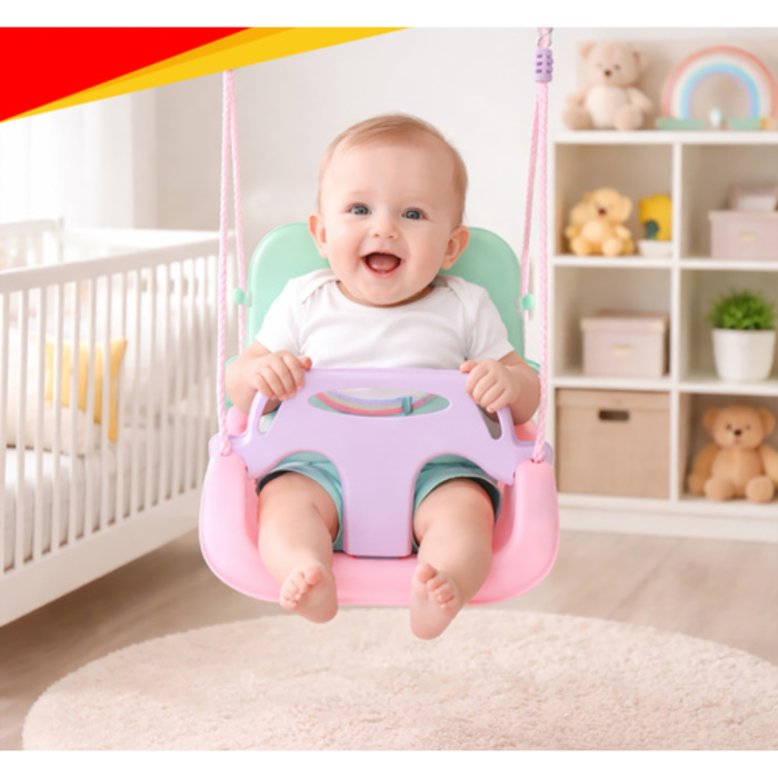 Leagan copii 3 in 1 VarioShop®, cu bara protectie si spatar detasabile, franghii reglabile 120-150 cm, antiderapant, pentru interior si gradina, roz/verde [7]