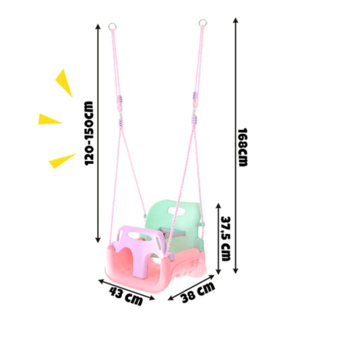 Leagan copii 3 in 1 VarioShop®, cu bara protectie si spatar detasabile, franghii reglabile 120-150 cm, antiderapant, pentru interior si gradina, roz/verde [9]