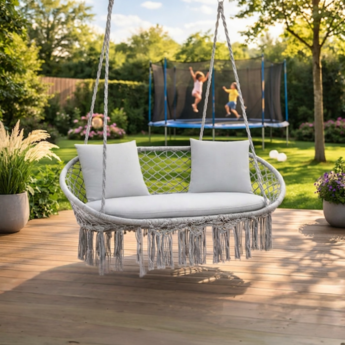 Leagan dublu gradina gri VarioShop, scaun suspendat tip cocon pentru 2 persoane, cu perne confortabile, cadru metalic rezistent, ideal pentru terasa balcon si exterior [3]