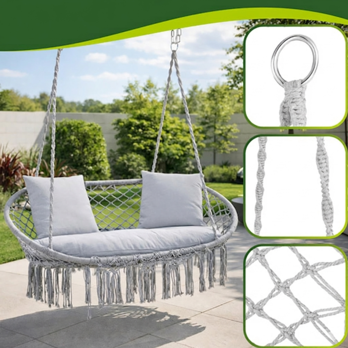 Leagan dublu gradina gri VarioShop, scaun suspendat tip cocon pentru 2 persoane, cu perne confortabile, cadru metalic rezistent, ideal pentru terasa balcon si exterior [8]