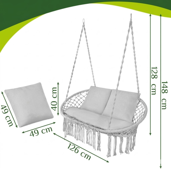 Leagan dublu gradina gri VarioShop, scaun suspendat tip cocon pentru 2 persoane, cu perne confortabile, cadru metalic rezistent, ideal pentru terasa balcon si exterior [4]