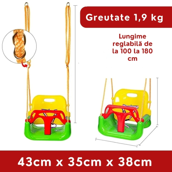 Leagan pentru Copii, 3 in 1, VarioShop®, Bara Protectie Detasabila, Centura Siguranta, Inele Prindere, Franghie Ajustabila 1.8 m, Spatar Detasabil, Functie Anti Rasturnare, 43 x 35 x 38 cm, Multicolo [3]