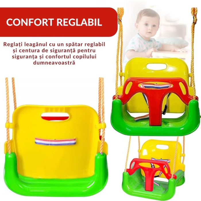 Leagan pentru Copii, 3 in 1, VarioShop®, Bara Protectie Detasabila, Centura Siguranta, Inele Prindere, Franghie Ajustabila 1.8 m, Spatar Detasabil, Functie Anti Rasturnare, 43 x 35 x 38 cm, Multicolo [5]