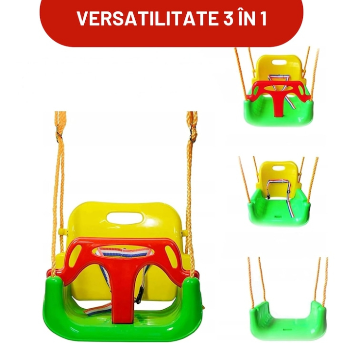 Leagan pentru Copii, 3 in 1, VarioShop®, Bara Protectie Detasabila, Centura Siguranta, Inele Prindere, Franghie Ajustabila 1.8 m, Spatar Detasabil, Functie Anti Rasturnare, 43 x 35 x 38 cm, Multicolo [2]