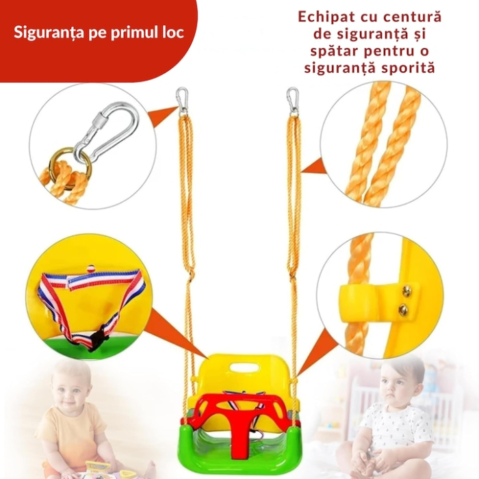 Leagan pentru Copii, 3 in 1, VarioShop®, Bara Protectie Detasabila, Centura Siguranta, Inele Prindere, Franghie Ajustabila 1.8 m, Spatar Detasabil, Functie Anti Rasturnare, 43 x 35 x 38 cm, Multicolo [4]