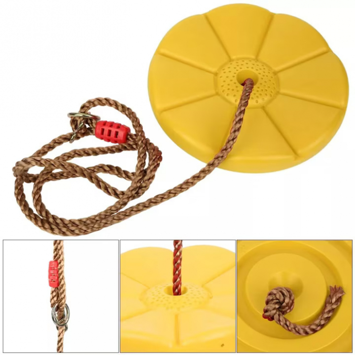 Leagan pentru copii din plastic VarioShop®, Rotund, Fara Spatar, Stabil si Usor, Franghie Inclusa, Rezistent 75 kg, Dimensiuni 27 x 4 cm, Galben [9]