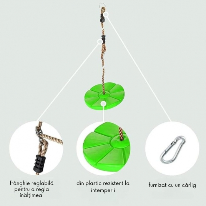 Leagan pentru copii din plastic VarioShop®, Rotund, Fara Spatar, Stabil si Usor, Franghie Inclusa, Rezistent 75 kg, Dimensiuni 27 x 4 cm, Verde [5]