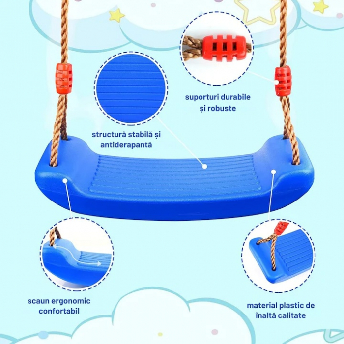 Leagan pentru copii Varioshop din plastic rezistent, cu franghii reglabile 175 cm si elemente de prindere, suporta pana la 50 kg, 43 x 16, 5 cm, Albastru [9]