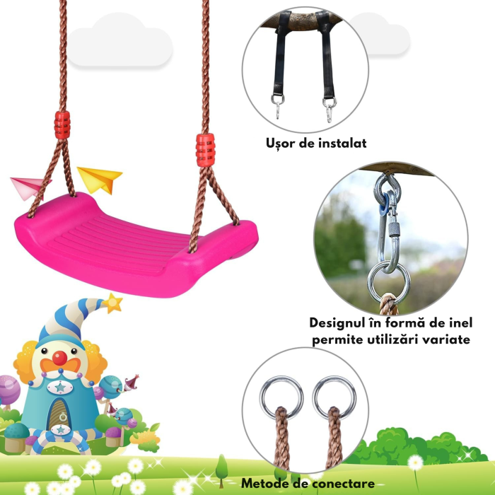 Leagan pentru copii VarioShop®, plastic rezistent, franghii reglabile 190 cm si elemente de prindere, suporta pana la 100 kg, 44 x 17 cm, Roz [2]