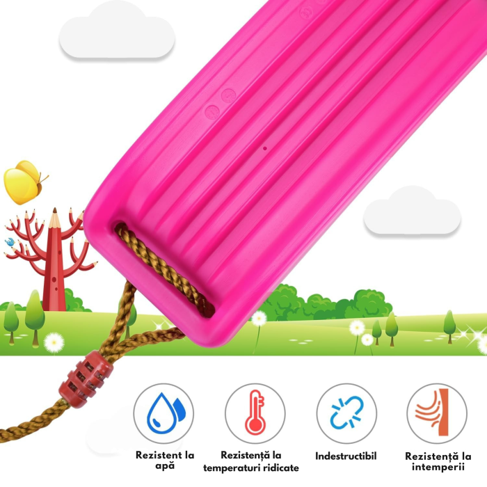 Leagan pentru copii VarioShop®, plastic rezistent, franghii reglabile 190 cm si elemente de prindere, suporta pana la 100 kg, 44 x 17 cm, Roz [3]