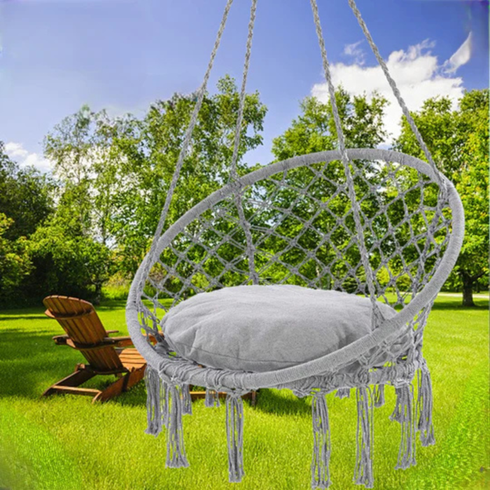 Leagan suspendat tip balansoar, Varioshop, cu perna, cadru metalic, diametru 80 cm, sezut 60 cm, franghie reglabila 90-115 cm, sarcina maxima 150 kg, gri [7]