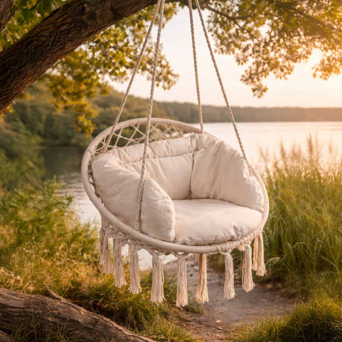 Leagan suspendat tip fotoliu Varioshop, cu perne, diametru 80 cm, bej, pentru interior si exterior, suport 150 kg [3]