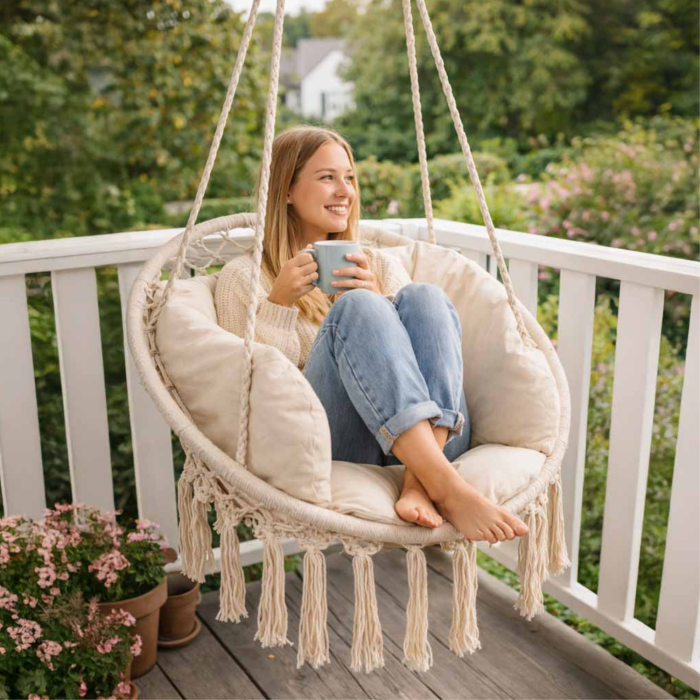 Leagan suspendat tip fotoliu Varioshop, cu perne, diametru 80 cm, bej, pentru interior si exterior, suport 150 kg [2]