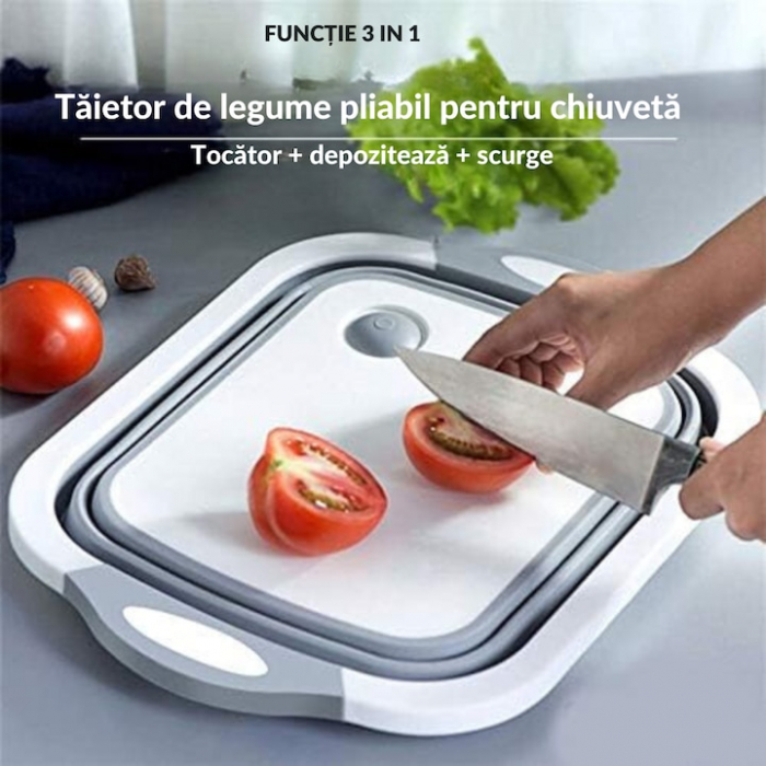 Lighean pliabil multifunctional VarioShop®, tocator, sistem de scurgere, capacitate 5 L, compact, silicon, 40 x 20 cm, Gri [2]