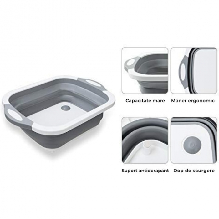Lighean pliabil multifunctional VarioShop®, tocator, sistem de scurgere, capacitate 5 L, compact, silicon, 40 x 20 cm, Gri [9]