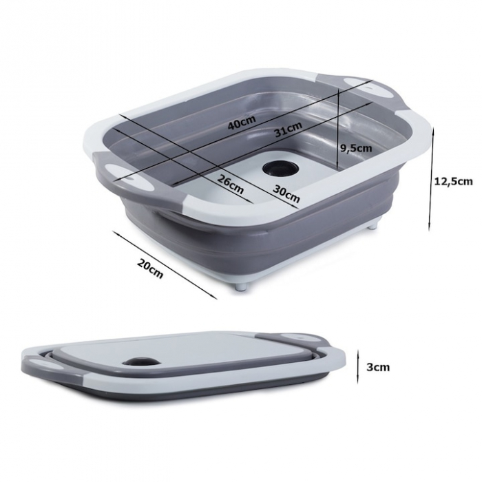 Lighean pliabil multifunctional VarioShop®, tocator, sistem de scurgere, capacitate 5 L, compact, silicon, 40 x 20 cm, Gri [3]