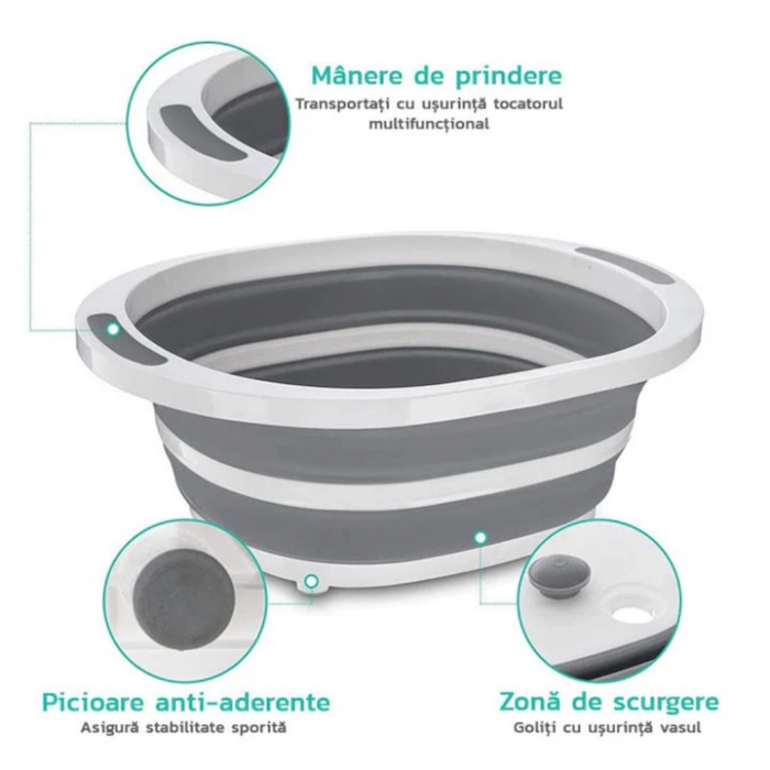 Lighean pliabil multifunctional VarioShop®, tocator, sistem de scurgere, capacitate 5 L, compact, silicon, dimensiune 40 x 15 x 32 cm, Gri/Alb [3]
