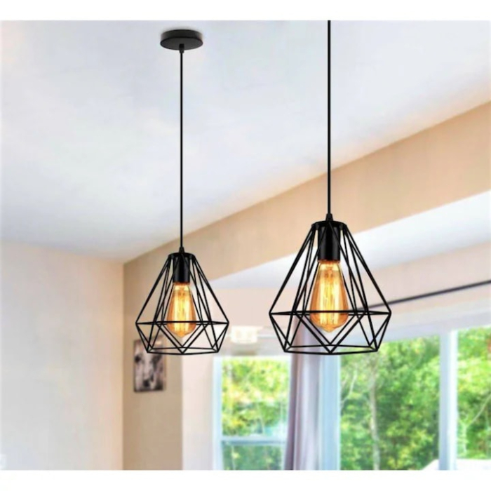 Lustra suspendata VarioShop®, pendul tip loft cu abajur din sarma metalica, soclu E27, inaltime reglabila 30–115 cm, instalare usoara, negru [2]