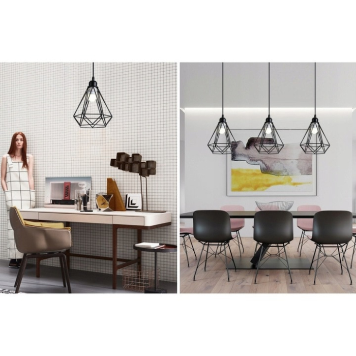 Lustra suspendata VarioShop®, pendul tip loft cu abajur din sarma metalica, soclu E27, inaltime reglabila 30–115 cm, instalare usoara, negru [3]