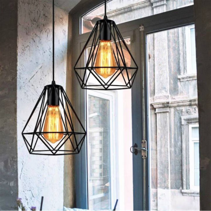 Lustra suspendata VarioShop®, pendul tip loft cu abajur din sarma metalica, soclu E27, inaltime reglabila 30–115 cm, instalare usoara, negru [12]