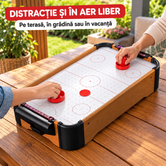 Masa de air hockey VarioShop® pentru copii si adulti, joc de indemanare, portabil, 2 palete, 2 pucuri, 8 baterii AA, 31 x 56 x 9,5 cm, multicolor [2]