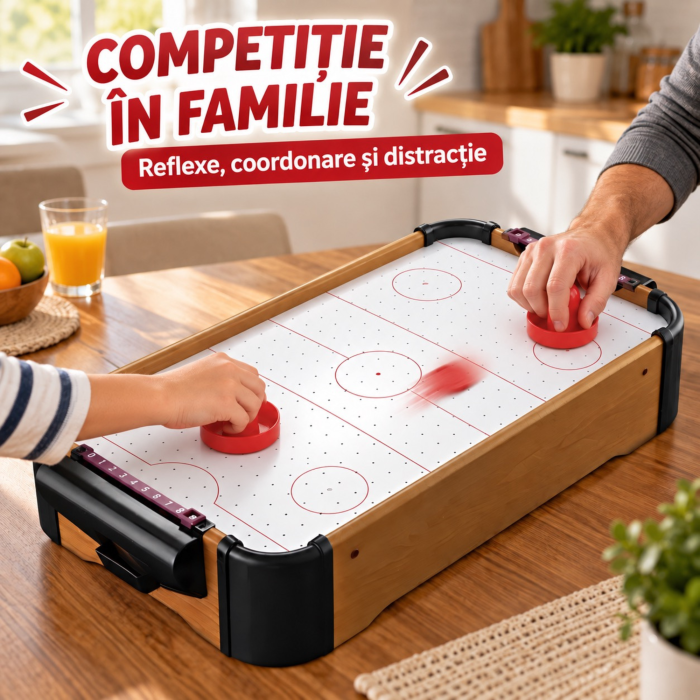 Masa de air hockey VarioShop® pentru copii si adulti, joc de indemanare, portabil, 2 palete, 2 pucuri, 8 baterii AA, 31 x 56 x 9,5 cm, multicolor [5]
