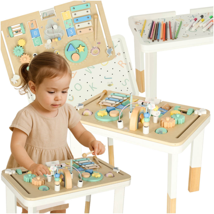 Masa educativa interactiva din lemn VarioShop®, cu xilofon, labirint, pinioane, sortator forme si jocuri motorii, masa multifunctionala pentru copii 3 ani+, 47.5x29.5x37 cm [2]