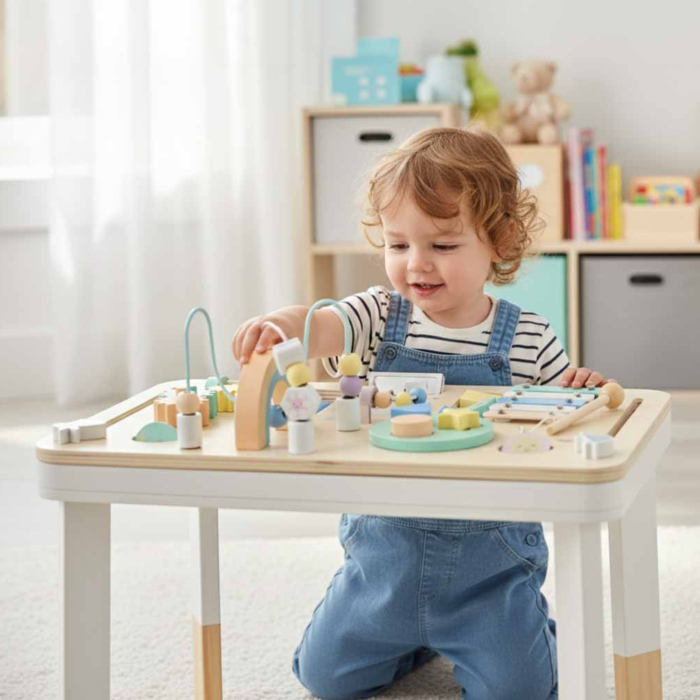 Masa educativa interactiva din lemn VarioShop®, cu xilofon, labirint, pinioane, sortator forme si jocuri motorii, masa multifunctionala pentru copii 3 ani+, 47.5x29.5x37 cm [8]