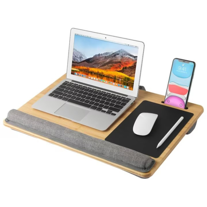Masa ergonomica din lemn pentru laptop VarioShop®, cu perna de sustinere, mouse pad si suport pentru telefon sau tableta, ideala pentru pat, canapea sau calatorii, 55 x 37 x 8 cm, Bej [6]
