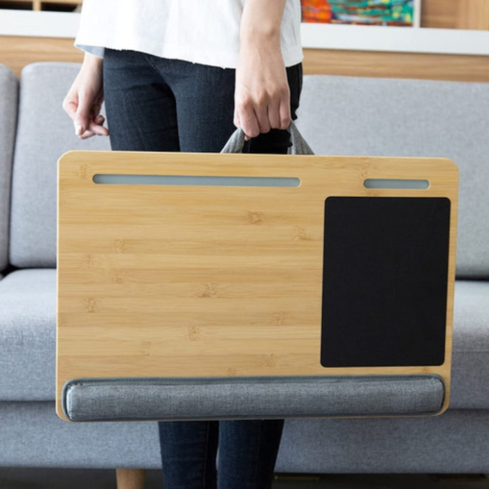 Masa ergonomica din lemn pentru laptop VarioShop®, cu perna de sustinere, mouse pad si suport pentru telefon sau tableta, ideala pentru pat, canapea sau calatorii, 55 x 37 x 8 cm, Bej [4]