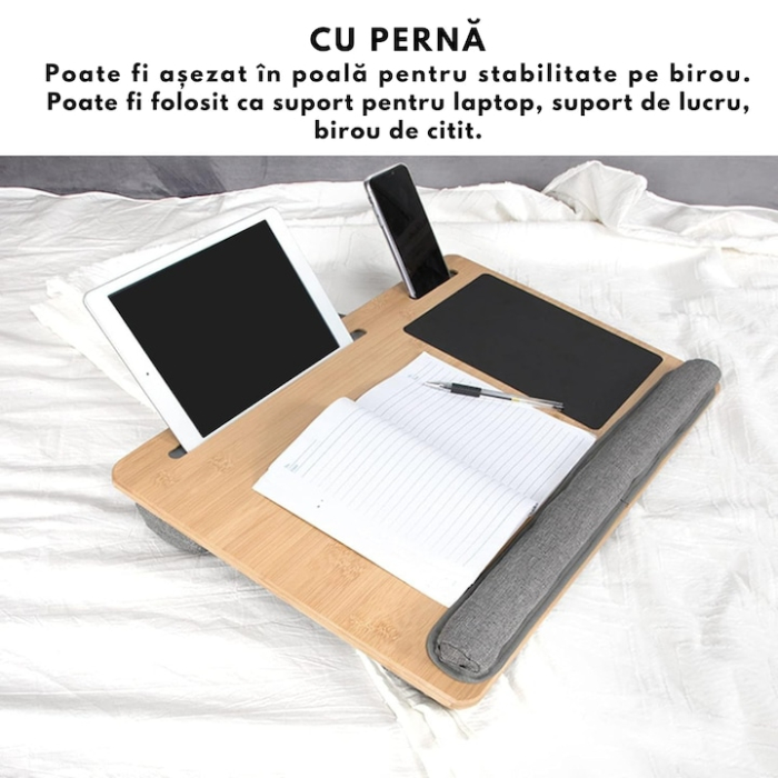 Masa ergonomica din lemn pentru laptop VarioShop®, cu perna de sustinere, mouse pad si suport pentru telefon sau tableta, ideala pentru pat, canapea sau calatorii, 55 x 37 x 8 cm, Bej [2]
