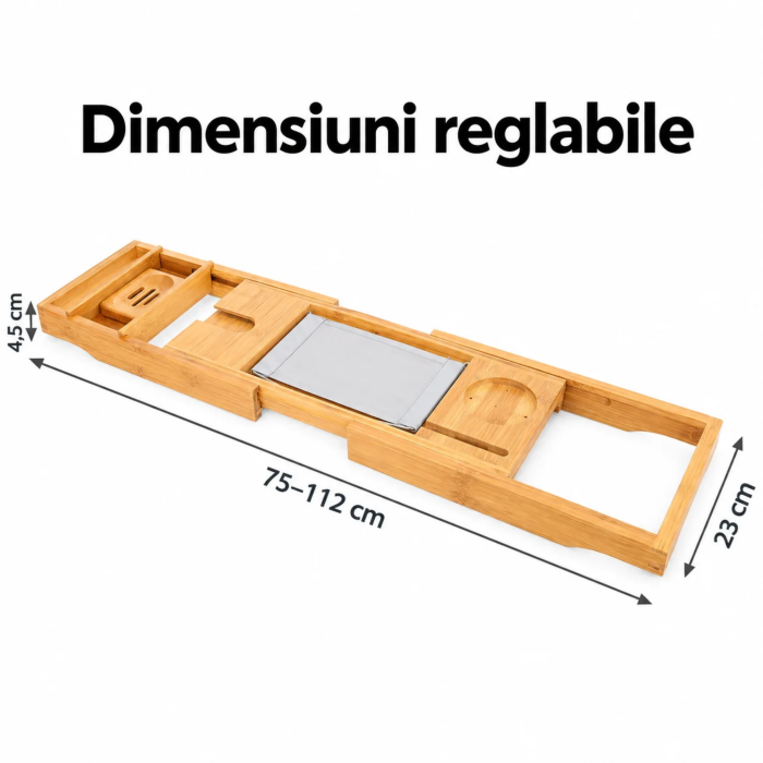 Masuta extensibila pentru cada VarioShop®, din bambus, cu suport pentru carte, tableta, lungime reglabila 75–112 cm, crem [4]