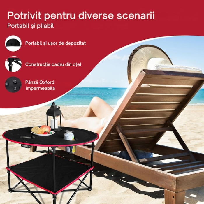 Masa pentru camping pliabila VarioShop®, pentru drumetii, picnic, gratar, portabila, capacitate portanta mare, anti-alunecare, 63 x 51 cm, material panza/aluminiu, Negru [5]