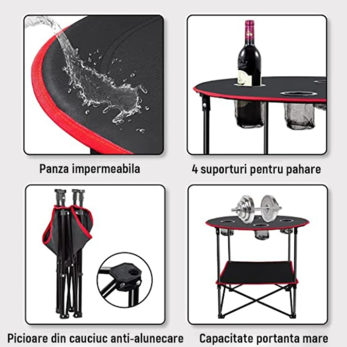 Masa pentru camping pliabila VarioShop®, pentru drumetii, picnic, gratar, portabila, capacitate portanta mare, anti-alunecare, 63 x 51 cm, material panza/aluminiu, Negru [7]