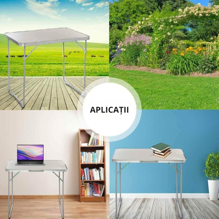 Masa pliabila camping VarioShop, aluminiu, usor de transportat, crem, 80x60x70cm [2]