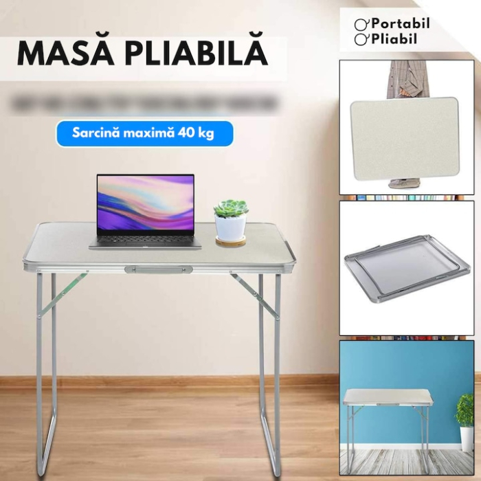 Masa pliabila camping VarioShop, aluminiu, usor de transportat, crem, 80x60x70cm [3]