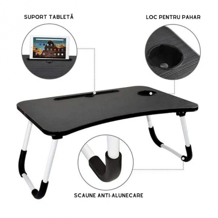Masa Pliabila MultiFunctionala VarioShop®, Pentru Laptop sau Mic-Dejun la Pat, Suport pentru Tableta/Telefon/Pahar, Dimensiune 28 x 60 x 40cm, Negru [4]