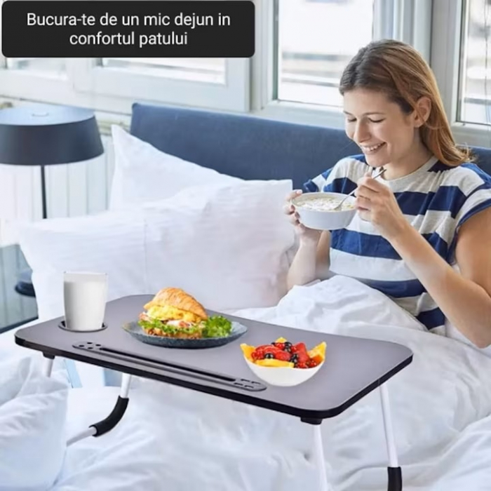 Masa Pliabila MultiFunctionala VarioShop®, Pentru Laptop sau Mic-Dejun la Pat, Suport pentru Tableta/Telefon/Pahar, Dimensiune 28 x 60 x 40cm, Negru [6]