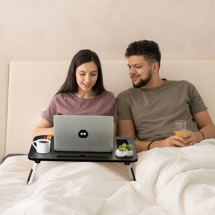 Masa Pliabila MultiFunctionala VarioShop®, Pentru Laptop sau Mic-Dejun la Pat, Suport pentru Tableta/Telefon/Pahar, Dimensiune 28 x 60 x 40cm, Negru [8]