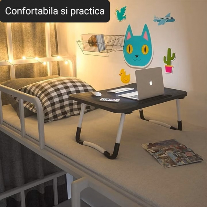 Masa Pliabila MultiFunctionala VarioShop®, Pentru Laptop sau Mic-Dejun la Pat, Suport pentru Tableta/Telefon/Pahar, Dimensiune 28 x 60 x 40cm, Negru [7]