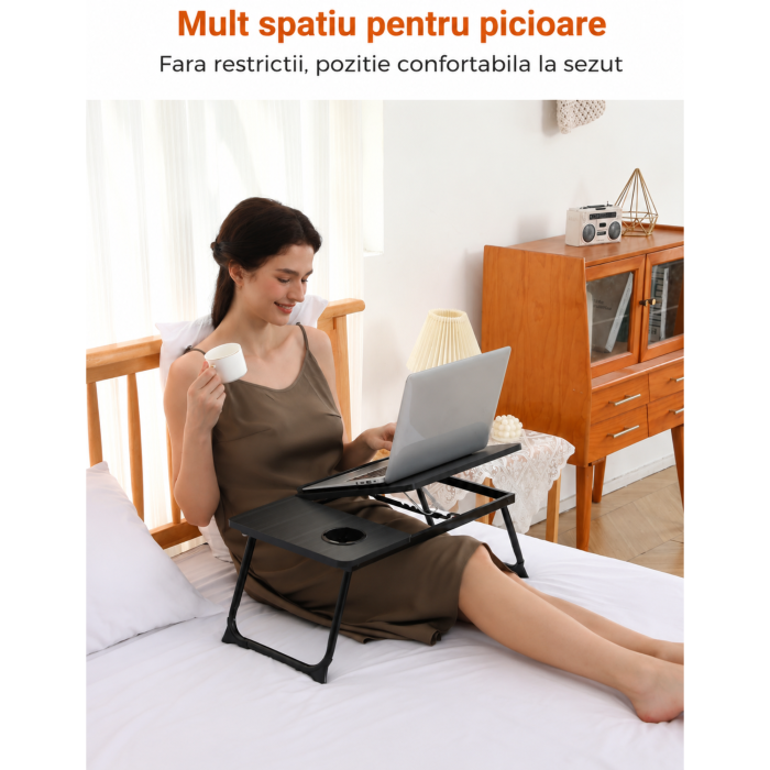 Masa pliabila pentru laptop VarioShop®, multifunctionala, pentru lucru si studiu, blat reglabil 5 pozitii, suport pahar, picioare antiderapante, 56x33 cm, negru [6]