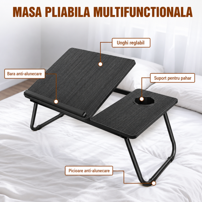 Masa pliabila pentru laptop VarioShop®, multifunctionala, pentru lucru si studiu, blat reglabil 5 pozitii, suport pahar, picioare antiderapante, 56x33 cm, negru [5]