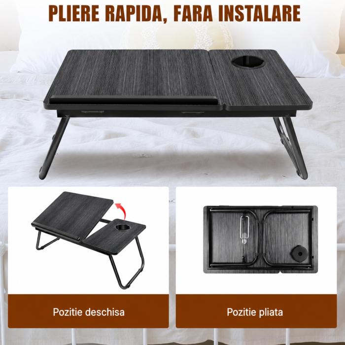 Masa pliabila pentru laptop VarioShop®, multifunctionala, pentru lucru si studiu, blat reglabil 5 pozitii, suport pahar, picioare antiderapante, 56x33 cm, negru [3]