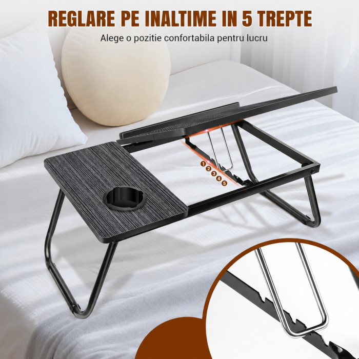Masa pliabila pentru laptop VarioShop®, multifunctionala, pentru lucru si studiu, blat reglabil 5 pozitii, suport pahar, picioare antiderapante, 56x33 cm, negru [4]