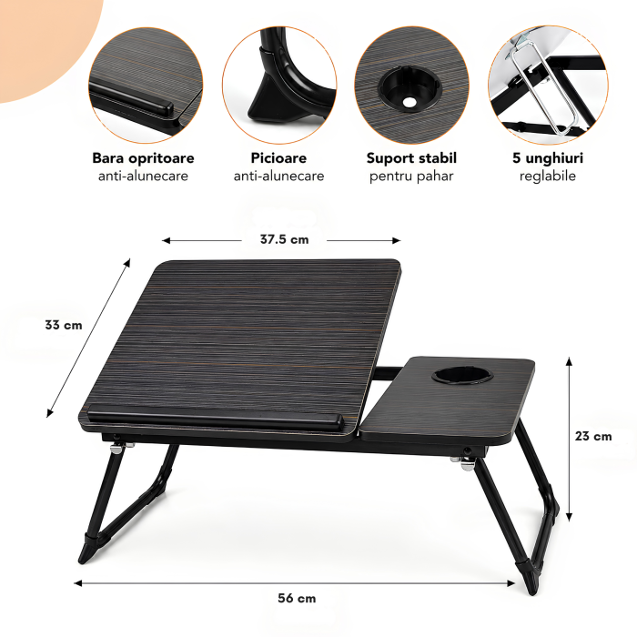 Masa pliabila pentru laptop VarioShop®, multifunctionala, pentru lucru si studiu, blat reglabil 5 pozitii, suport pahar, picioare antiderapante, 56x33 cm, negru [2]
