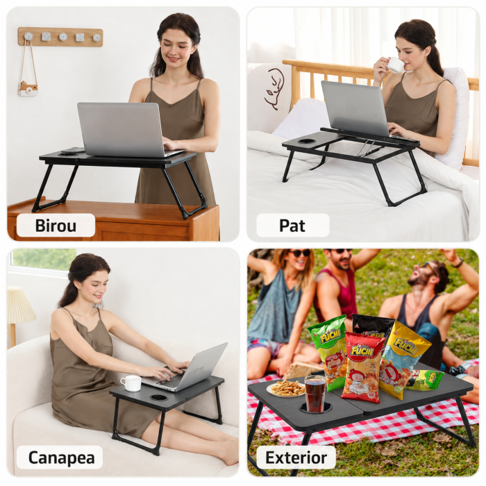 Masa pliabila pentru laptop VarioShop®, multifunctionala, pentru lucru si studiu, blat reglabil 5 pozitii, suport pahar, picioare antiderapante, 56x33 cm, negru [7]
