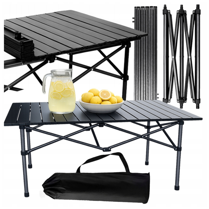 Masa turistica pliabila, cu cadru din aluminiu si geanta de transport Varioshop, impermeabila, pentru camping, gradina si calatorii, cu picioare antiderapante , 118x55x50 cm, neagra [10]