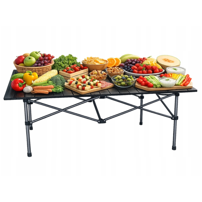 Masa turistica pliabila, cu cadru din aluminiu si geanta de transport Varioshop, impermeabila, pentru camping, gradina si calatorii, cu picioare antiderapante , 118x55x50 cm, neagra [2]